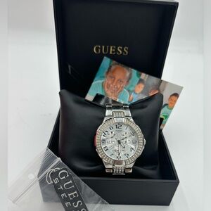 GUESS Prism Mineral Crystal SS Silver Bracelet Chronograph Watch, w/ Box